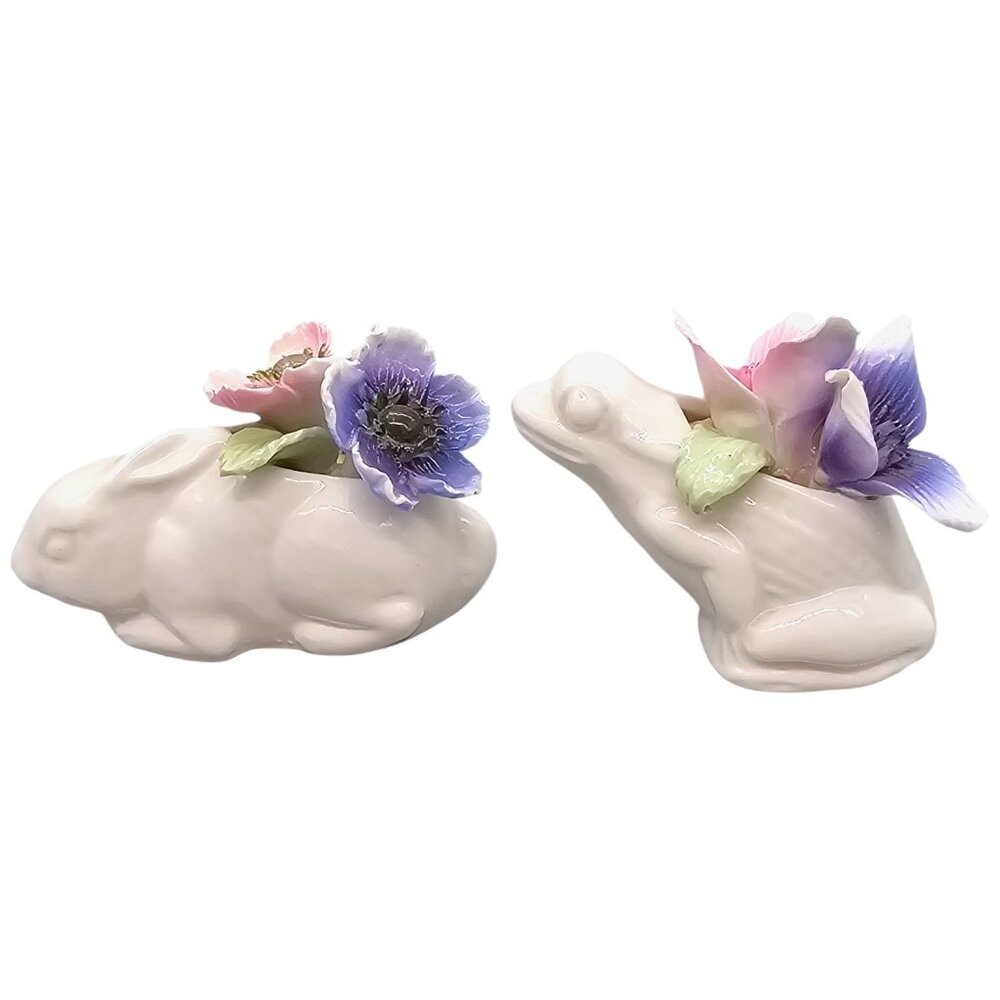 Radnor Bone China Rabbit & Frog Figurines With Flower Accents England Handmade